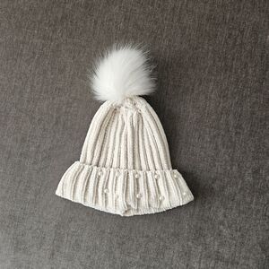 Cream Knit Winter Hat With Pearls